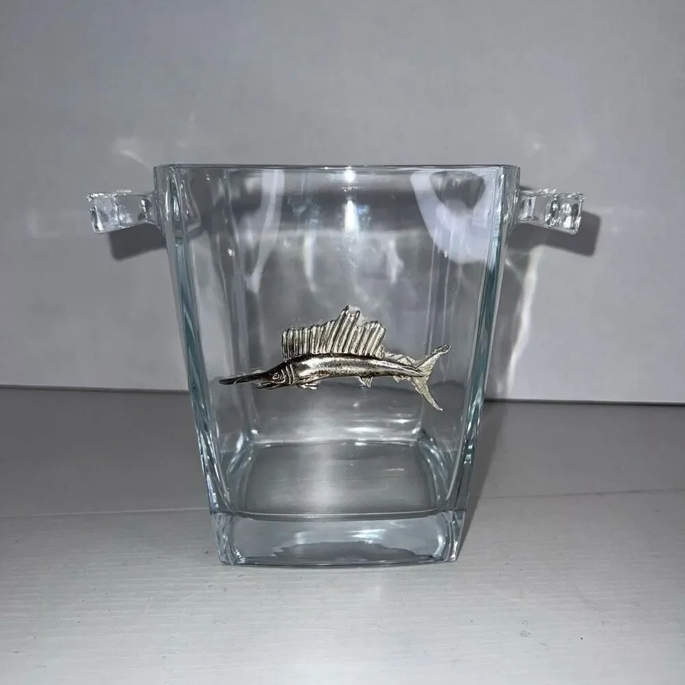 Vintage Maurice Milleur Clear Ice Bucket With Silver Plate Marlin Classic Beach